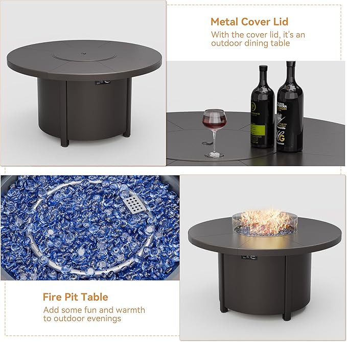 ALAULM 7-Piece Outdoor Dining Set for 6 Metal Outdoor Patio Furniture with 40000 BTU Round Fire Pit Table for Patio, Backyard, Garden-Grey