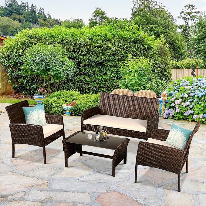 Tangkula Brown 4PCS Patio Rattan Furniture Converstation Set