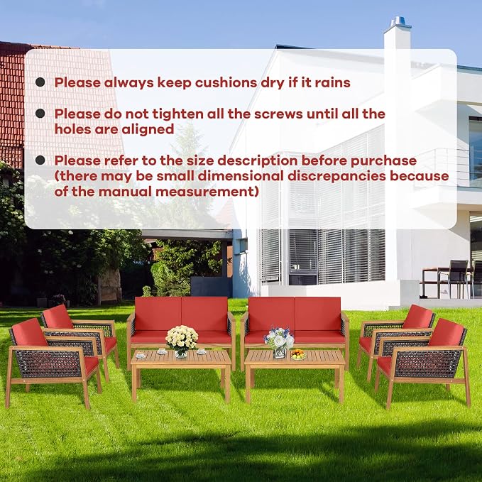 4 Pieces Outdoor Acacia Wood Furniture Set, Outdoor PE Wicker Conversation Set with Coffee Table and Soft Cushions, Outdoor Sofa Set for Garden, Poolside and Backyard (1, Red)