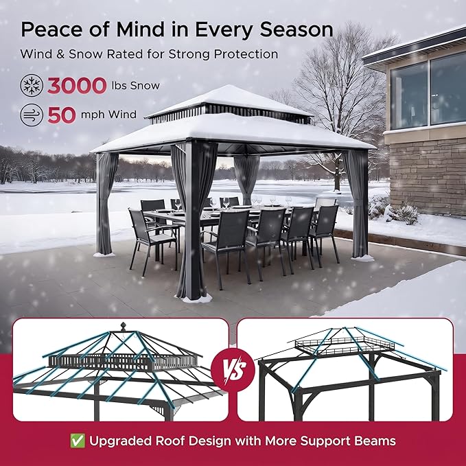 SUNJOY Kingston 14' x 12' Hardtop Gazebo with Galvanized Steel Double Roof, Curtain and Netting, Gray Aluminum Posts Permanent Pavilion Gazebo for Garden, Patio, Deck, Lawn
