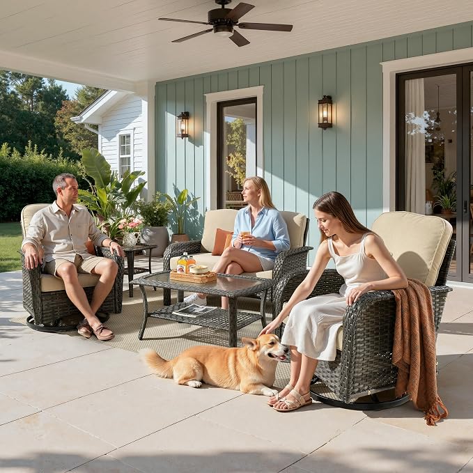 Weaxty Wicker Patio Furniture Set with Swivel Rocker Chairs Outdoor Loveseat Sofa and Rattan Coffee Table, 5 Pieces Outdoor Conversation Sets for Patio Porch Deck Backyard Poolside,Beige