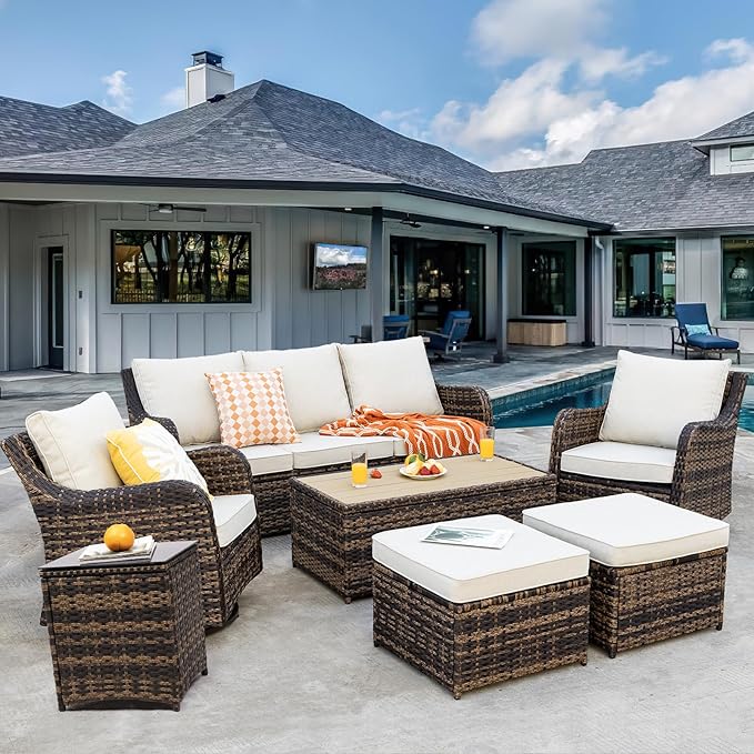 MEISSALIVVE 7 Pieces Patio Furniture Set with Swivel Chair, Outdoor Patio Conversation Set, Patio Sectional Furniture Set with 2 Swivel Rocker Patio Chair and Sofa, 2 Ottomans and Coffee Table (Brown)