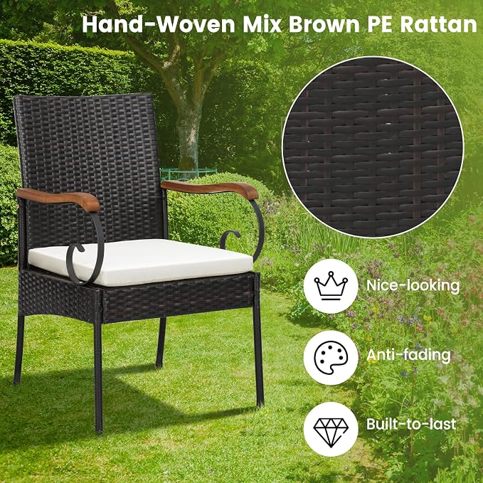 Tangkula 5 PCS Patio Rattan Dining Set, Outdoor Wicker Chair & Dining Table Set, Acacia Wood Tabletop & Armrests, 2” Umbrella Hole, Seat Cushions Included, Backyard (5 PCS)