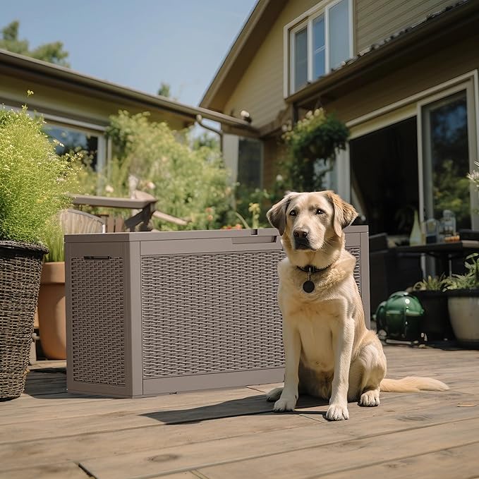 PatioZen 120 Gallon Deck Boxes Outdoor Waterproof, Weatherproof Outdoor Storage Boxes Lockable for Patio Furniture, Pool Supplies,Garden Tools(Grey)