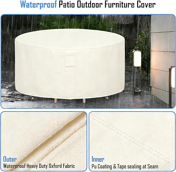 Round Patio Furniture Covers Waterproof, 96 Inch Outdoor High Round Table Cover, Tall Bar Height Outside Table and Chairs Set Covers for Winter, Rainproof Fadeproof - 96"Dia x 36"H, Beige