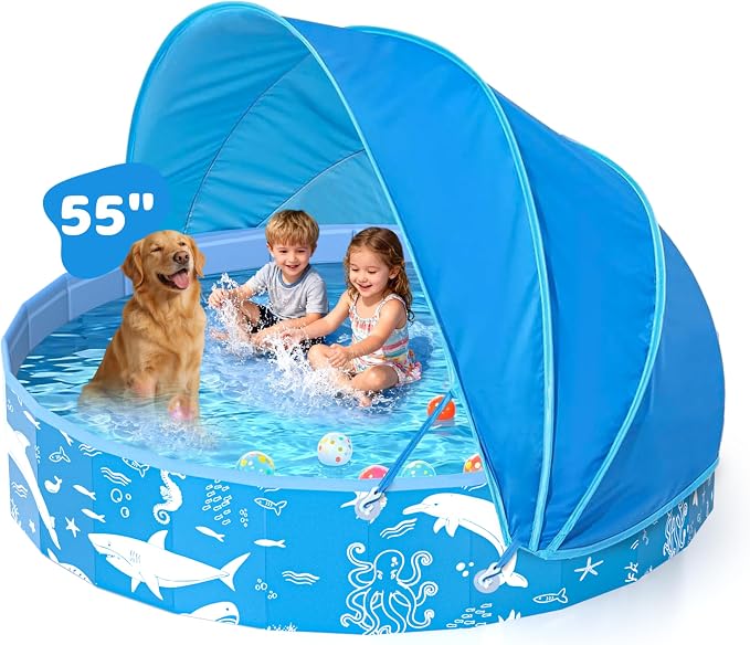 55” Extra Large Kiddie Pool with Canopy, EPN UPF 50+ Sun Shade Baby Pool, No Inflation Foldable Toddler Pool for Backyard Outdoor & Beach, Portable Thickened PVC BPA-Free Kids Water Play Pool, Blue