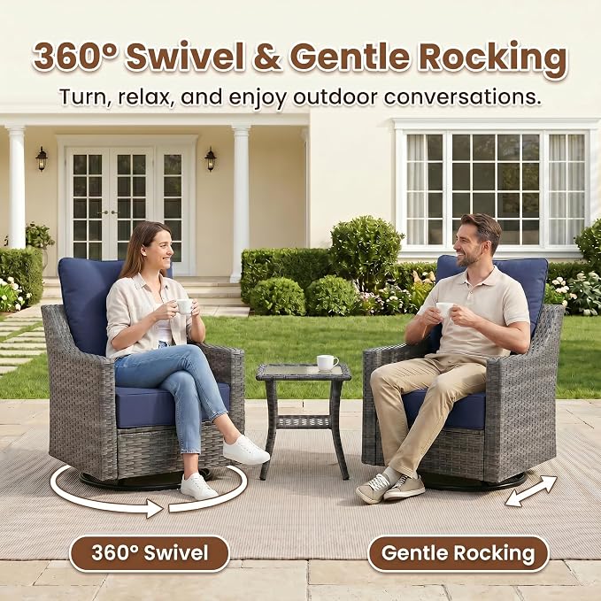 6-Piece Outdoor Patio Furniture Set, Grey Wicker Conversation Set with 4 Swivel Chairs and 2 Side Tables, 6-Inch Blue Cushions for Porch, Deck, Backyard