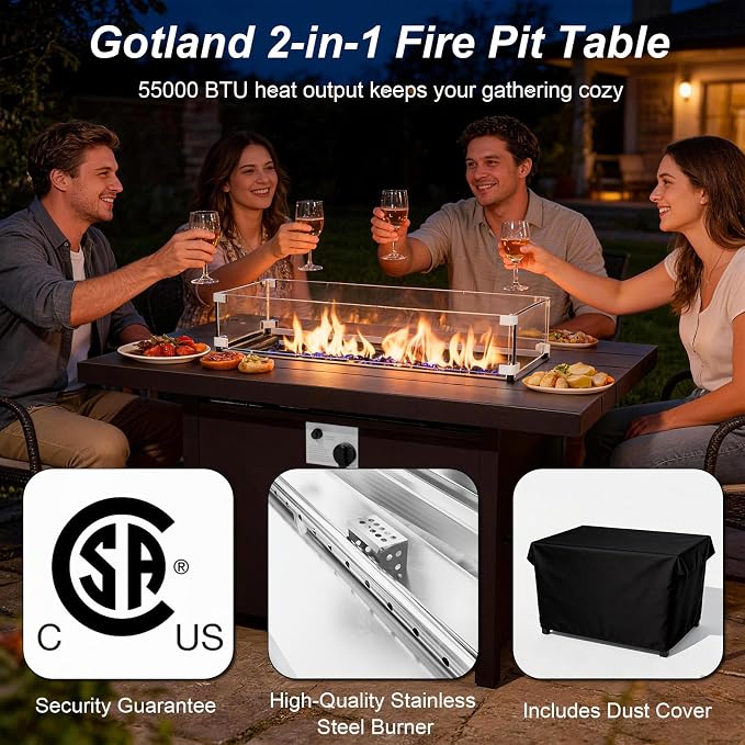 Gotland Aluminum Patio Furniture Set with Fire Pit Table, Metal Patio Furniture with 2 Swivel Rocking Chairs Waterproof 5.1'' Seat Cushions, Oversized Outdoor Sectional for Garden Balcony Porch Navy