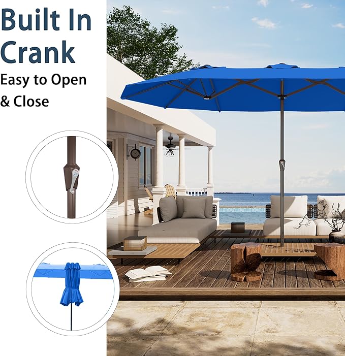PatioKingdom 15FT Large Patio Umbrella with Base, Double Sided Rectangular Outdoor Umbrella with Sturdy Fiberglass Ribs, Market Umbrella for Pool,Garden,Backyard,Deck (Royal blue, 15FT)