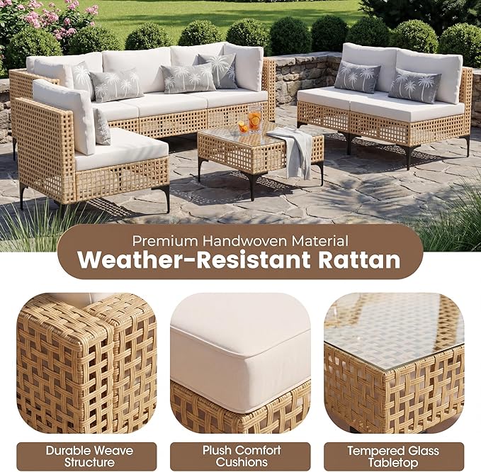 Devoko Patio Furniture Set,7 Pieces Outdoor Wicker Sectional Couch with Thick Cushions &Glass Tabletop, PE Rattan Backyard Conversation Sofa with Coffee Table for Deck, Porch（7pc）