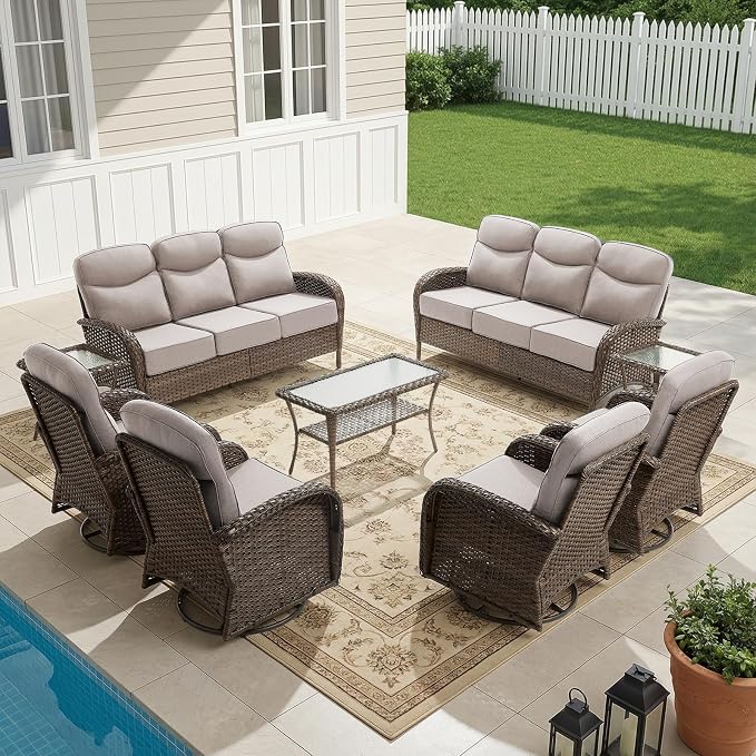 HUMMUH 9-Piece Patio Furniture Set with Upgraded 6" Thick Cushion - High Back Outdoor Swivel Rocker Chairs with 3-Seater Sofa Set of 2,Wicker Outdoor Conversation Set for Deck, Porch, Yard, Poolside