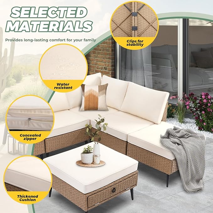 LVUYOYO 7 Pieces Outdoor Patio Furniture Set, Wicker Sectional Sofa Set for All-Weather, Rattan Conversation Sets with Cushions and Storage for Deck, Backyard, Porch (Khaki)