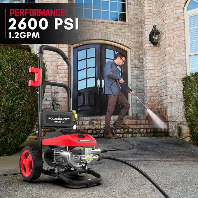 PowerSmart max 2600 PSI Electric Pressure Washer, 2.0 GPM 1600W with 27FT Hose, 35FT Power Cord, 5 Nozzles, and 1500ml Foam Cannon for Car, Patio, and Fence Cleaning