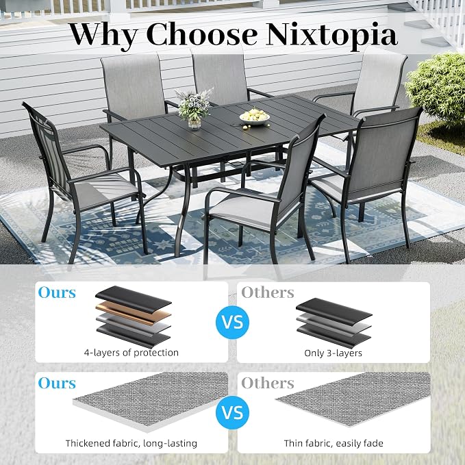 7pcs Patio Furniture Set, Outdoor Dining Table and Chairs Set | 63" Rectangle Metal Patio Table, Textilene Dining Chairs, Double-sized Umbrella Hole, Perfect for Garden Backyard Poolside