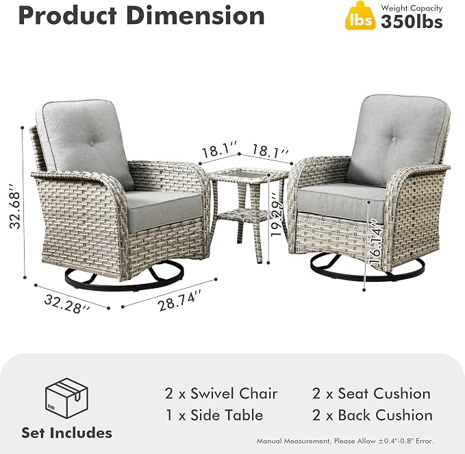 Outdoor Swivel Rocker Patio Chairs,Wicker Glider Swivel Rocking Chair Set of 2,Patio Rocking Swivel Chair Set with Rattan Side Table,Dark Gray