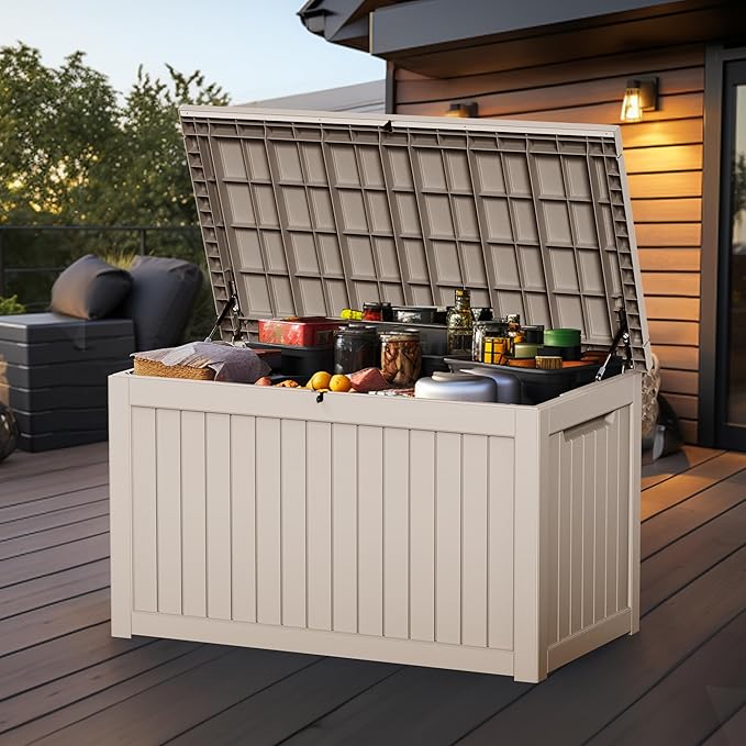 280 Gallon Resin Large Deck Box, Waterproof Outdoor Storage box for Patio Cushions, Garden Tools, Lockable (Brown)