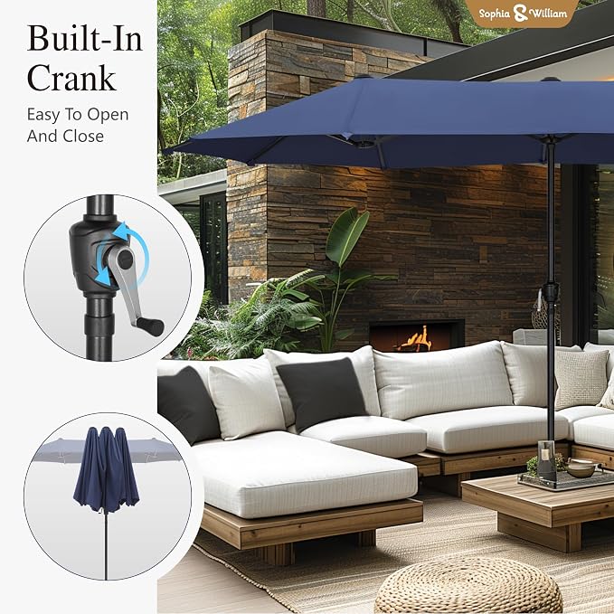 Sophia & William Patio Set with Umbrella Outdoor Dining Set for 6 with 13ft Umbrella Navy Blue, 6 x Patio Chairs Grey, 1 Wood Like Outdoor Dining Table for Deck Lawn Garden (No Umbrella Base)