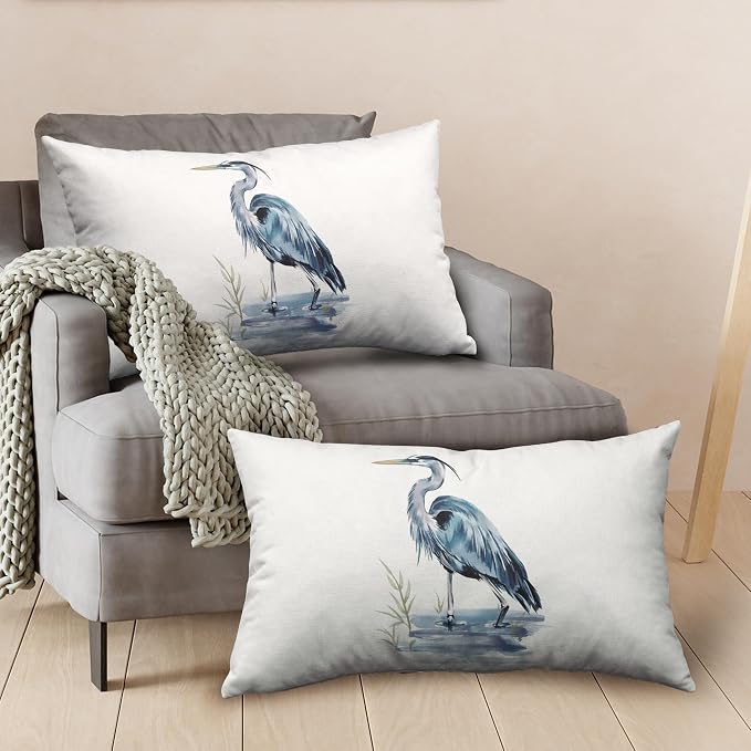 Watercolor Heron Lumbar Pillow Covers Pelican Throw Pillow Covers 12x20 Set of 2 Summer Bird Pattern Double Sided Printing Pillow Case for Farmhouse Patio Living Room, Cotton Linen