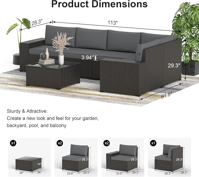 Patio Furniture Set with Fire Pit Table, 7PCS Outdoor Conversation Sets Waterproof Rattan Sectional Sofa with 4” Thickened Cushion Modular Wicker Patio Furniture Set with Glass Top Table (Grey)