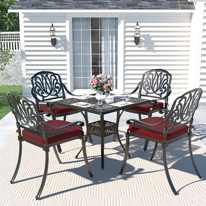 MEETWARM 5-Piece Outdoor Patio Dining Set, All-Weather Cast Aluminum Patio Conversation Set for Backyard Garden Deck with 4 Chairs, 4 Cushions and 35.4" Square Table, 2.2" Umbrella Hole, Chili Red
