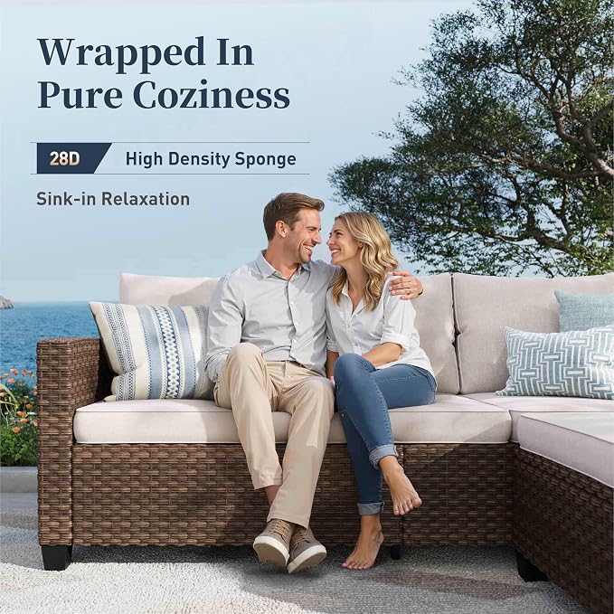 SUNSHINE VALLEY Patio Furniture Set Outdoor Furniture Brown Wicker Rattan Patio Conversation Sets with Cushion Outside Sofa Set,8 Pieces 12 Seats,Beige