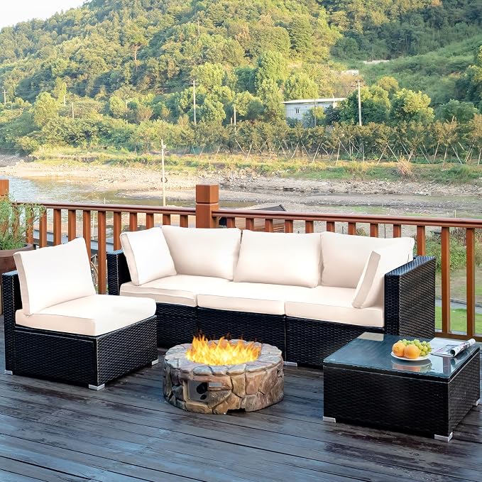 COSTWAY 5-Piece Outdoor Patio Furniture Set, PE Rattan Sofa Chairs with Cushions and Tempered Glass Coffee Table, Conversation Sofa Set for Backyard Garden (White)