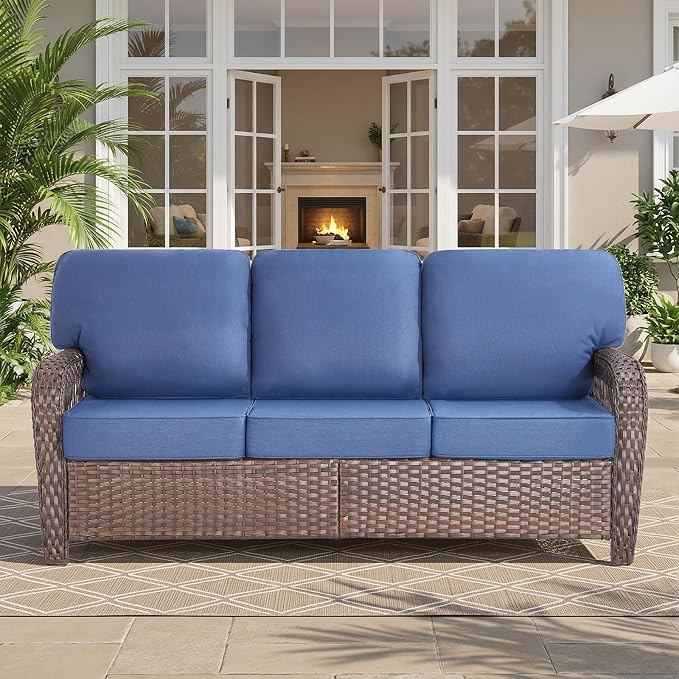 Belord Luxury Outdoor High Back Couch, All-Weather Wicker 3-Seater Sofa, Wicker Patio Furniture for Deck Porch Garden,Blue
