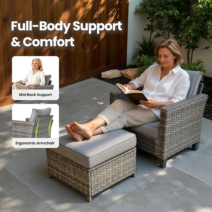 4 Piece Wicker Patio Furniture Set with Solar Table, Dark Gray | Outdoor Deep Seating Sofa Chair, Solar Lights Table, All Weather Rattan, Modern Conversation Set, Porch Deck Backyard