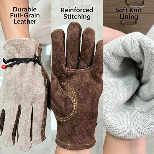 Leather Gardening Gloves for Men - Working Gloves for TIG/MIG Welding, Construction,Yard Work, Landscaping, Rose Gardening, BBQ Farm, Best Garden Gifts & Tools for Gardener (Brown, Large)