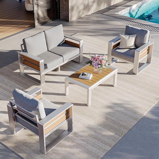 Aoxun Aluminum Outdoor Patio Furniture Set, Coffee Table ×1, Silver & Light Grey