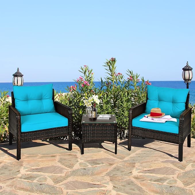 KOTEK 3 Piece Patio Furniture Set, Outdoor Wicker Conversation Bistro Set with 4 Cushions, All Weather PE Rattan Furniture Set for Garden, Backyard, Porch, Poolside (Turquoise)
