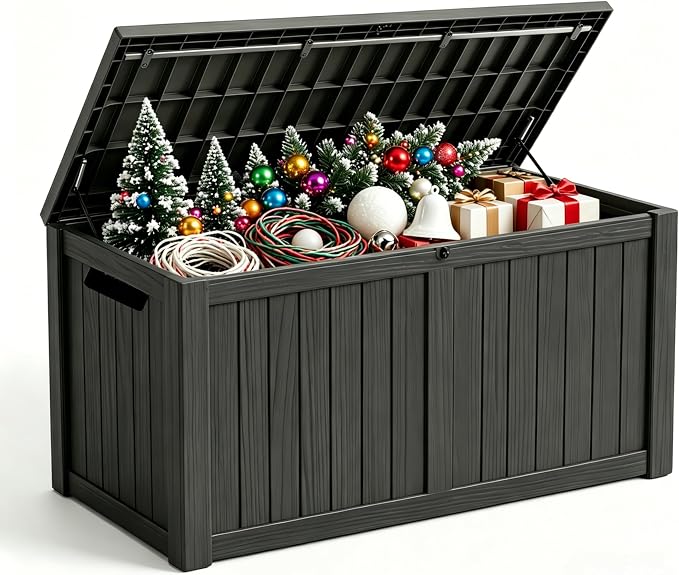 MAKINO 178 Gallon Large Resin Outdoor Storage Box, Waterproof Deck Box, Lockable Deck Container with Reinforced Support, Outdoor Chest for Patio Accessories, Outdoor Cushions, Garden Tools, Black