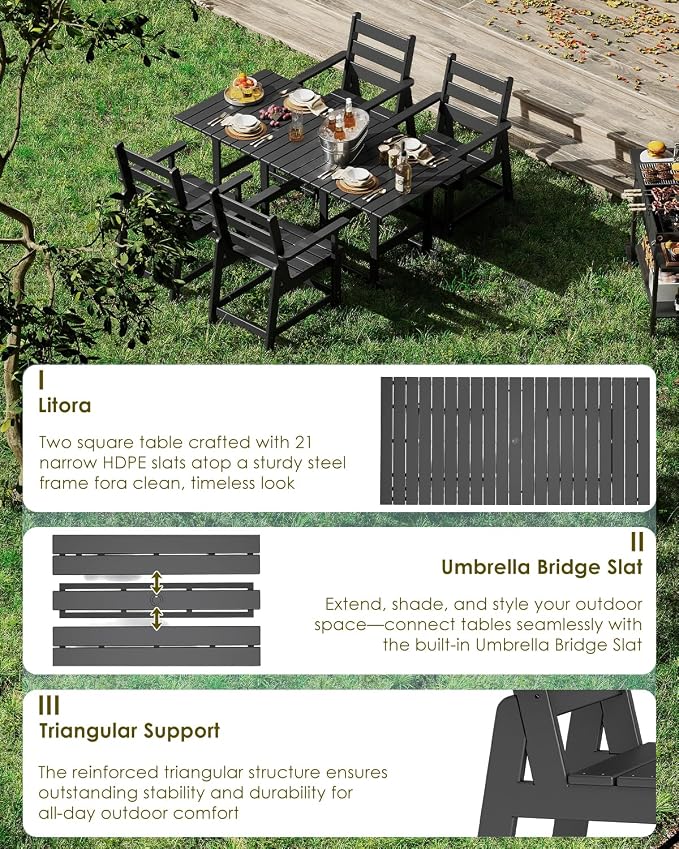 GREENVINES 5-Piece-Outdoor-Table-and-Chairs | HDPE | Patio Furniture | Slatted Dining Sets for 4 | Removable Armrests | Connectable Tables | All Weather | for Backyard Poolside Garden | Black
