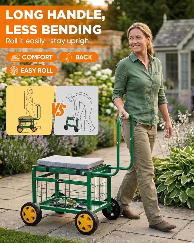 Saker Rolling Work Seat with Wheels - 15.7'' EVA Padded Stool, 500 lb Steel Frame, Large Storage Basket - Patio Lawn Backyard Cart for Gardening Tasks (Basic Version)
