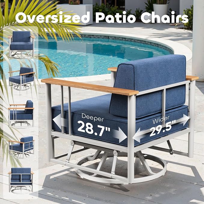 Luxury Outdoor Furniture Set with Swivel Chairs, 10 PCS Patio Furniture Set with 6" Extra Thick Cushions, Suitable for Porch, Balcony, Deck, Patio, Yard, Poolside, White/Blue