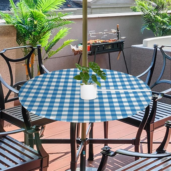 Fitted Round Tablecloth with Umbrella Hole and Zipper Buffalo Plaid Outdoor Elastic Table Cloth 45"-56" Oil-Proof Waterproof Patio Table Cover for Dining Picnic Party, Blue and White