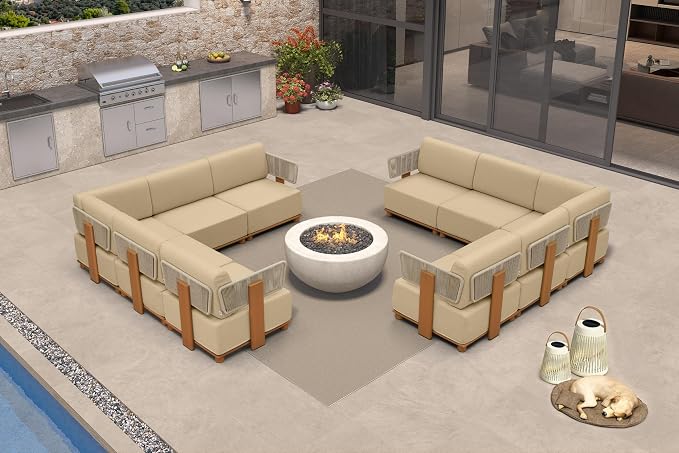 PURPLE LEAF Patio Furniture Set Modular L-Shaped Outdoor Sectional Sofa with 11" Thick Olefin Cushion 10-Piece Outdoor Conversation Set with White Lights for Patio Backyard Garden Poolside, Beige