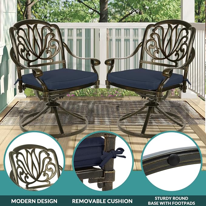 MEETWARM 9-Piece Outdoor Patio Dining Set, All Weather Cast Aluminum Patio Funiture Table and Chairs Set- 94.5” Rectangular Table and 2 Swivel Rocker Chairs, 6 Stationary, Umbrella Hole, Navy Blue