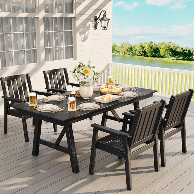 GAOMON Outdoor Patio Dining Chairs Set of 4, All-Weather HDPE Garden Dining Chairs with Armrests, Wide Seat and Sturdy Frame,Waterproof Design, for Garden, Backyard, Deck, Black