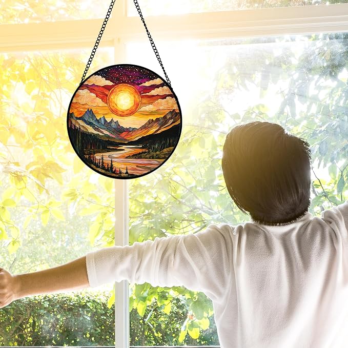 DASTOLL Stained Glass Window Hanging, Dusk Sunset Landscape Sun Catchers Glass Panel Lakes and Mountains Suncatcher Decor for Birthday for Women, Men, Wife, Aunt, and Mom 6.3 in