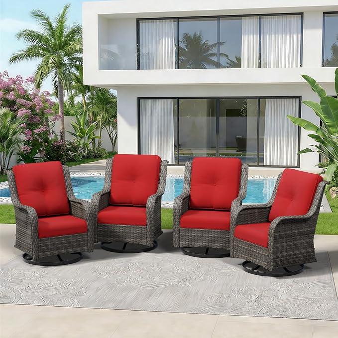 4 Piece Outdoor Swivel Rocker Patio Chairs Set, Patio Chairs Set of 4 with Thickened Olefin Cushions, High Back and Deep Seating, Hand-Woven PE Rattan for Porch, Deck, Red