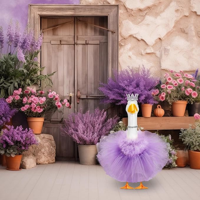4 Pcs Princess Porch Goose Outfit for 23" 17" Cement Lawn Goose Costume Crown Necklace Tutu Skirt Feather Trim(Purple)