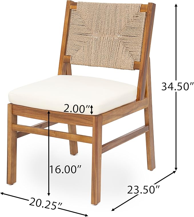 Christopher Knight Home 5 Piece Outdoor Dining Set Acacia Wood Square Table and 4 Light Brown Wicker Chairs with Cream Cushions Teak Finish Patio Furniture Set for Garden Backyard Balcony