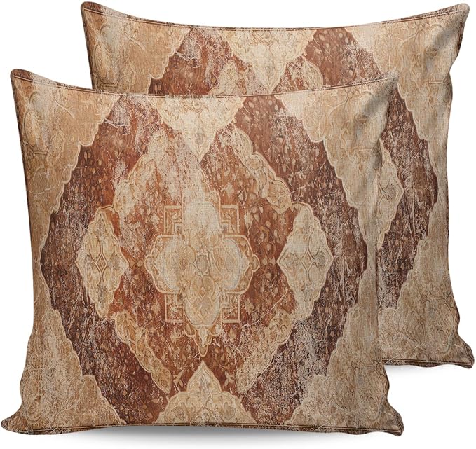 Outdoor Waterproof Pillow Covers Set of 2, Meddle Century Vintage Brown Mural Pattern Patio Throw Pillow Covers, Decorative Cushion Case for Couch Sofa Furniture Garden, 18x18 Inch