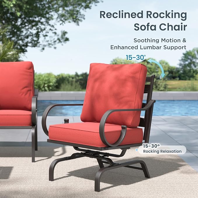 PHI VILLA Patio Furniture Set, 3-Seater Sofa, 2 Fixed Chairs, 2 Rocking Chairs and a Coffee Table, Outdoor Metal Conversation Set with 5.75" Extra Thick Cushion for Garden Backyard Deck, Red