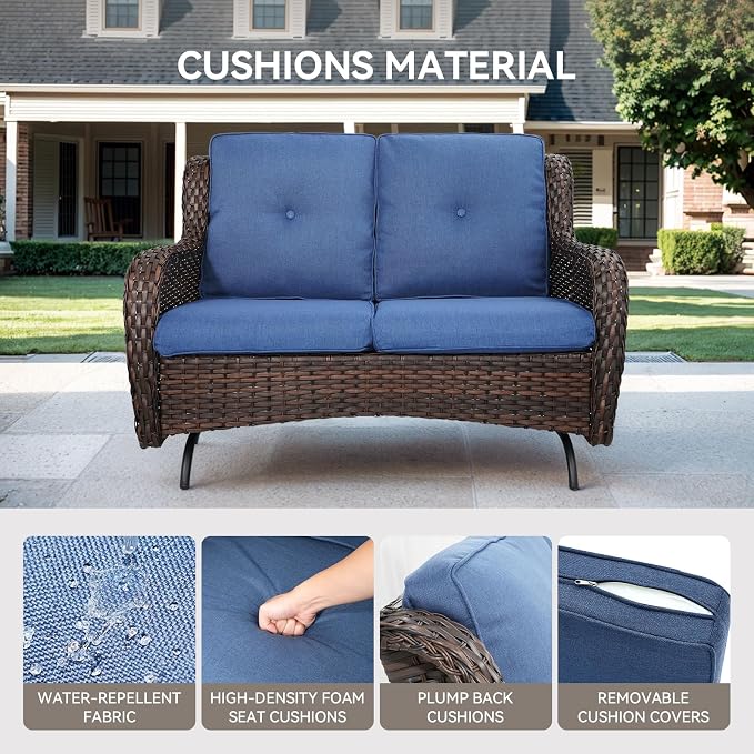 Patio Loveseat Wicker Loveseat Rattan Glider Sofa with Curved Armrest Thicking Back & Seat Cushions for Garden Balcony Backyard Brown Wicker|Blue Cushions (A) Patio Loveseat Glider
