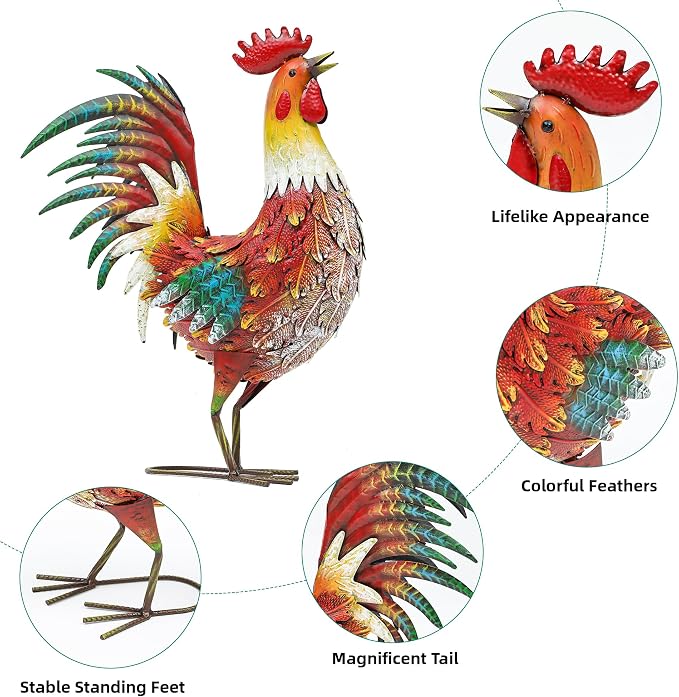 Metal Rooster Yard Decor, 21" Outdoor Garden Statues for Patio | Durable Metal with Hand-Painted Finish, Farmhouse Rooster Chicken Decor for Yard, Garden, Patio, Porch & Kitchen