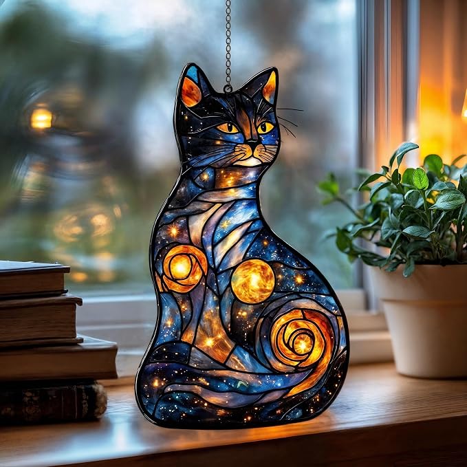 Starry Night Cat Acrylic Suncatcher, Boho Suncatchers for Window Hanging Ornament, Stained Glass Effect Art Garden Decor for Cat Lover, Gifts for Mother's Day, Mom, Grandma, Wife, Women, Nana