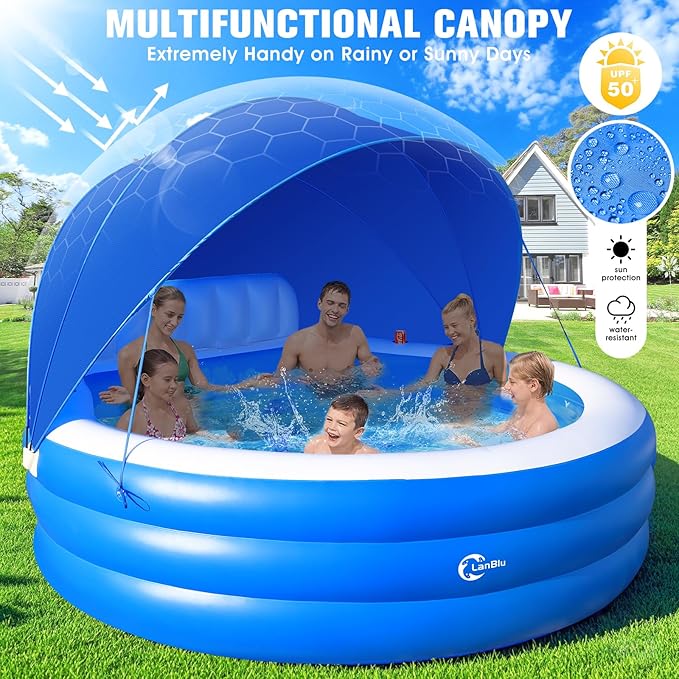2026 Extra Large Upgraded Inflatable Pool with Canopy,Inflatable Family Lounge Pool,Round Blow Up Pool for Adult with Bench&Backrest,Swim Center Easy Backyard Pools for Kids & Adults90*90"*80"