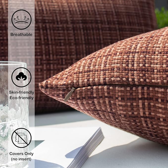 Kevin Textile Outdoor Waterproof 22x22 Inch Pillow Covers 2 Pack, Coffee | Water Resistant, Faux Linen Yarn-dyed, Woven Texture Throw Pillow Covers for Tent Patio Garden Couch Sofa
